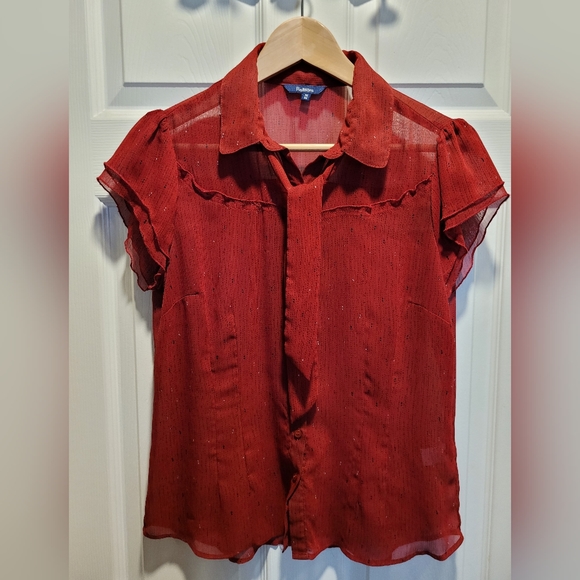 Reitmans red flutter sleeve blouse with neck tie/bow. Size Medium. - Picture 4 of 8